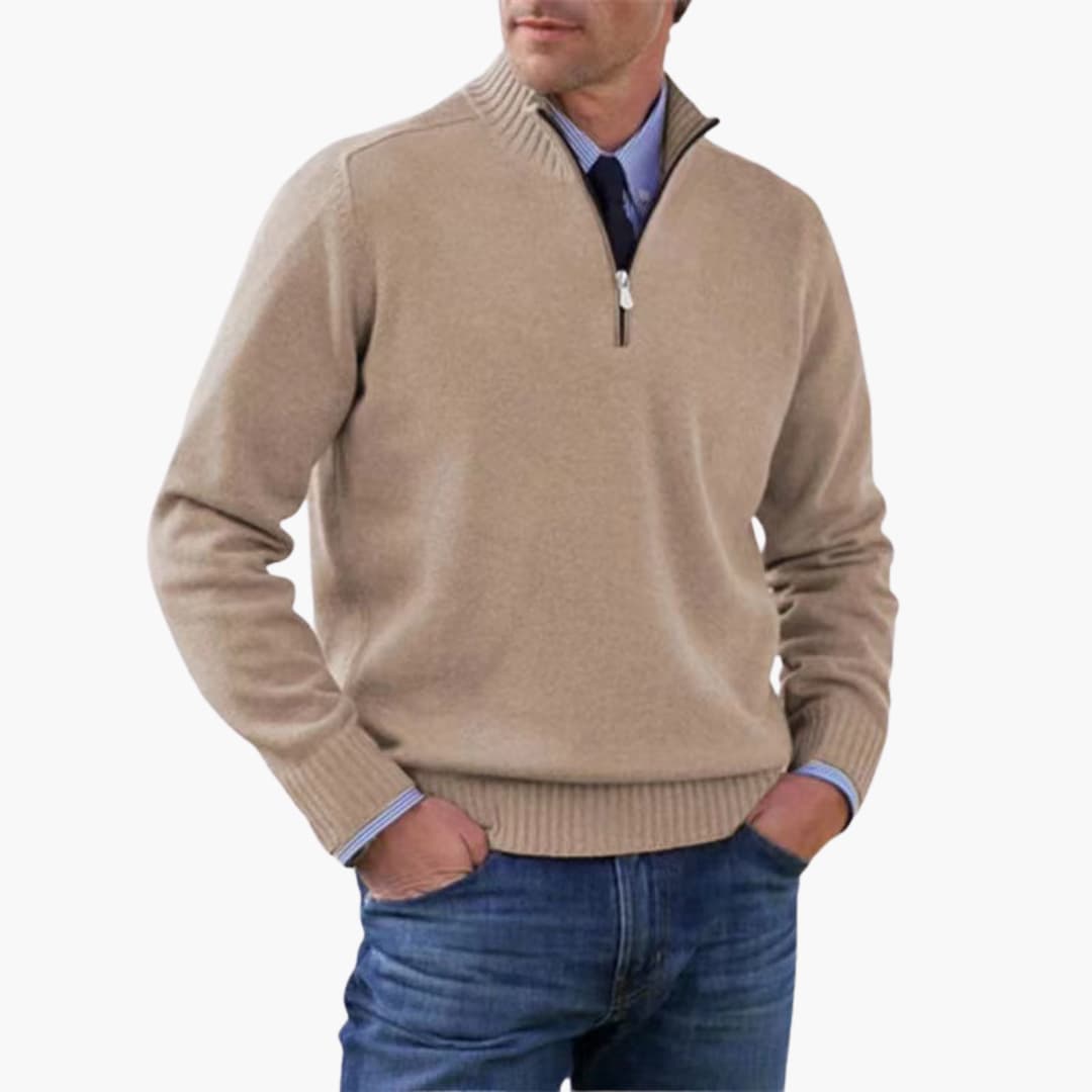 Herren pullover mit halbem Reißverschluss und geripptem Saum