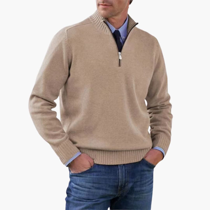 Herren pullover mit halbem Reißverschluss und geripptem Saum