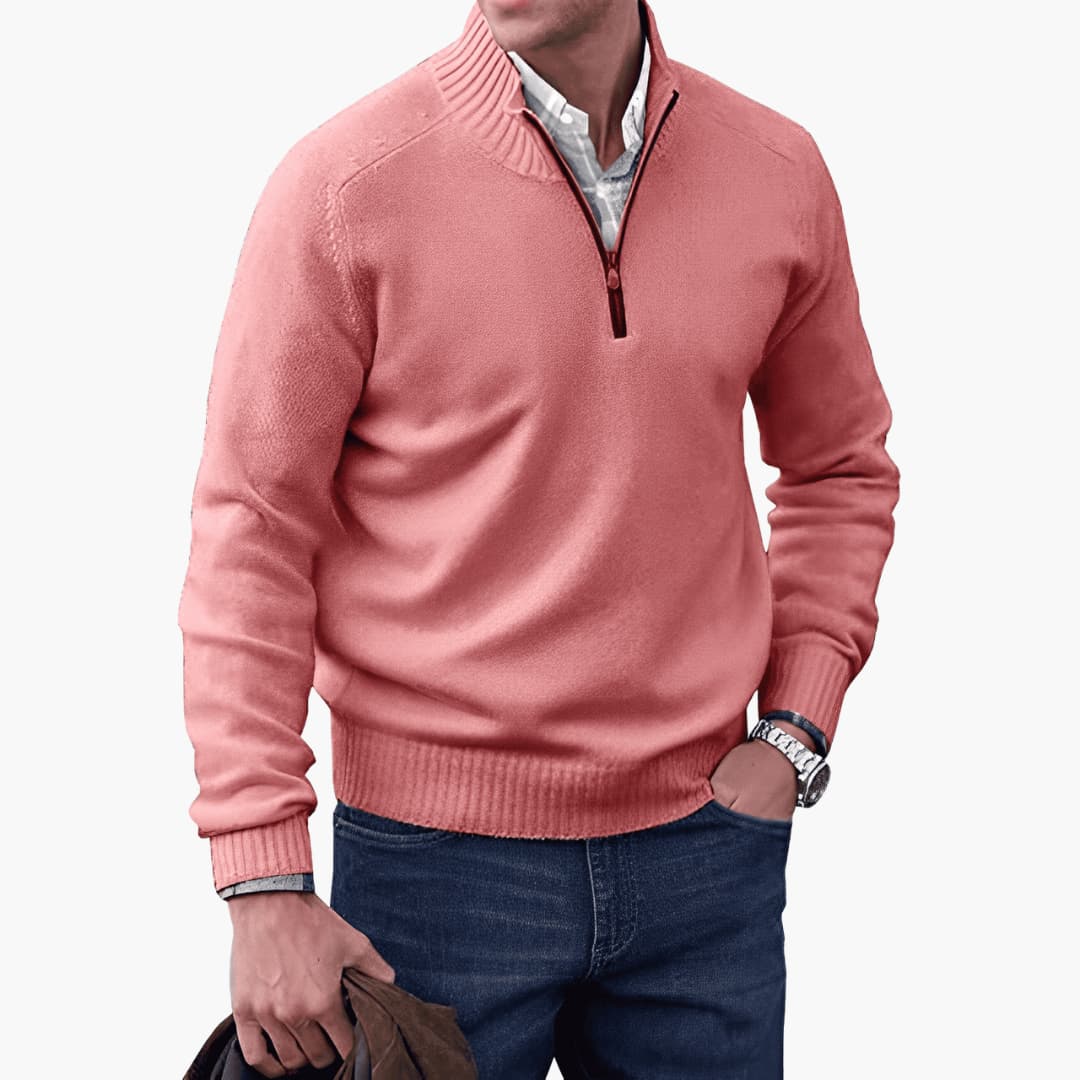Herren pullover mit Reißverschluss-Ausschnitt und geripptem Saum