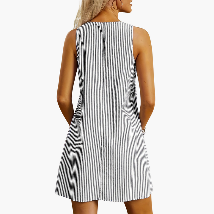 Gestreiftes Freizeitkleid für Damen - Ärmellos, Mini mit Taschen
