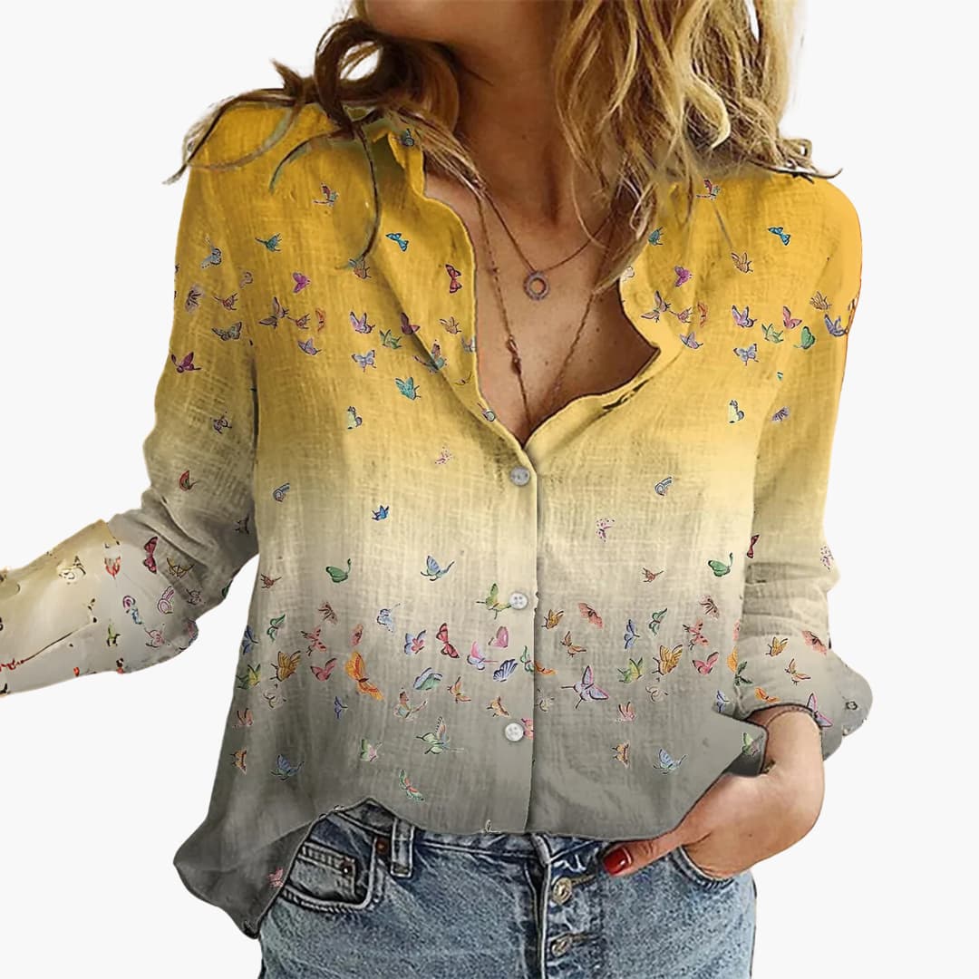 Kunstvoll bedruckte V-Ausschnitt Bluse - Damen Freizeitlook
