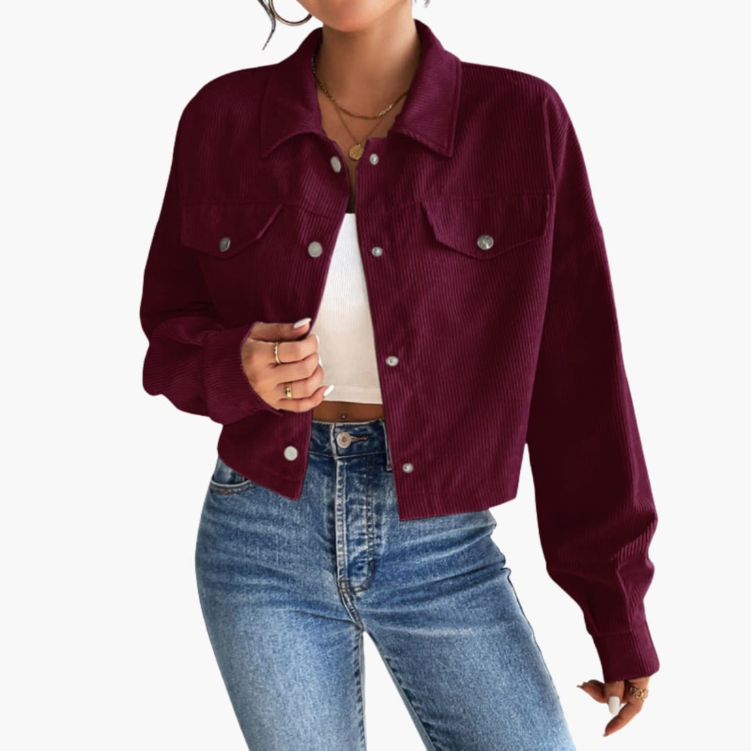 Damen Cropped Cordjacke mit Druckknöpfen
