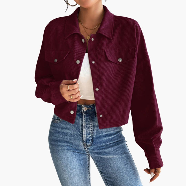 Damen Cropped Cordjacke mit Druckknöpfen