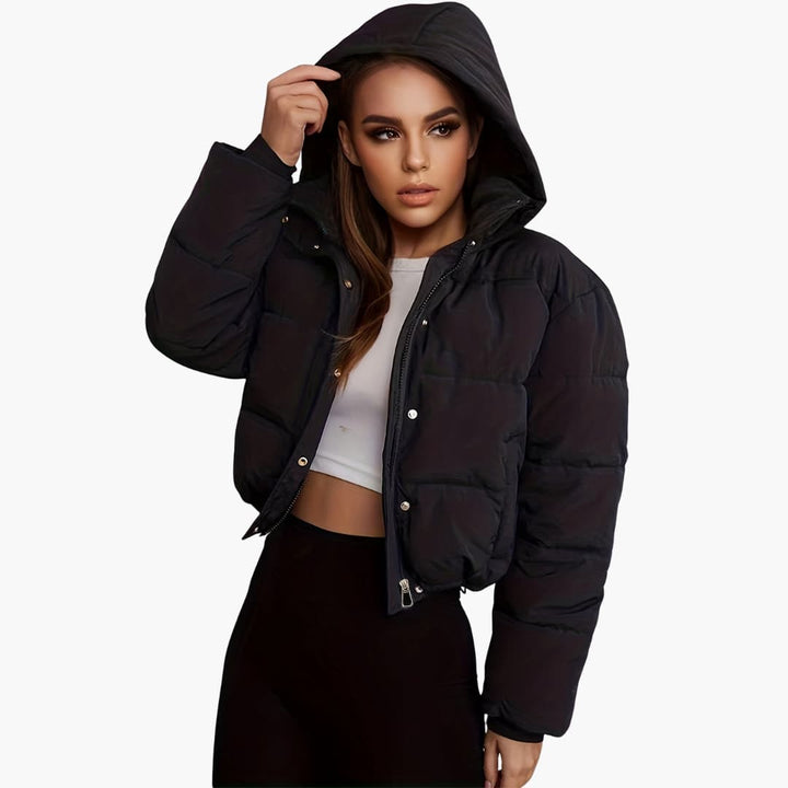 Damenkurze Jacke mit Kapuze und Reißverschluss
