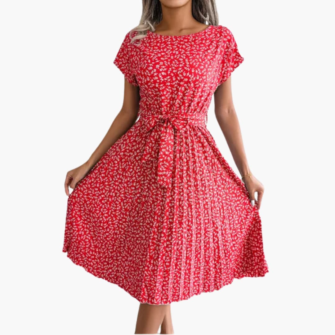 Sommerkleid Damen - Blumenkleid mit Gürtel und Kurzarm
