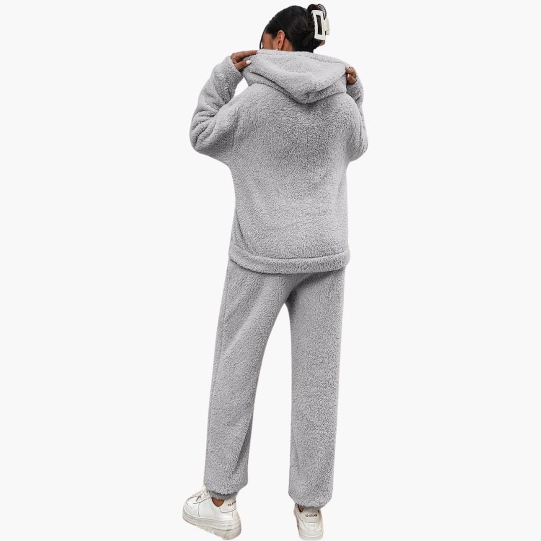 Damen Teddy Hoodie und Hosen Set mit Kängurutasche