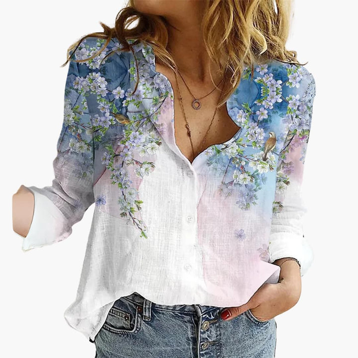 Kunstvoll bedruckte V-Ausschnitt Bluse - Damen Freizeitlook