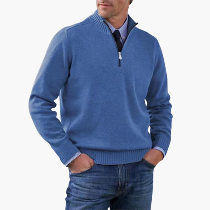 Herren pullover mit halbem Reißverschluss und geripptem Saum