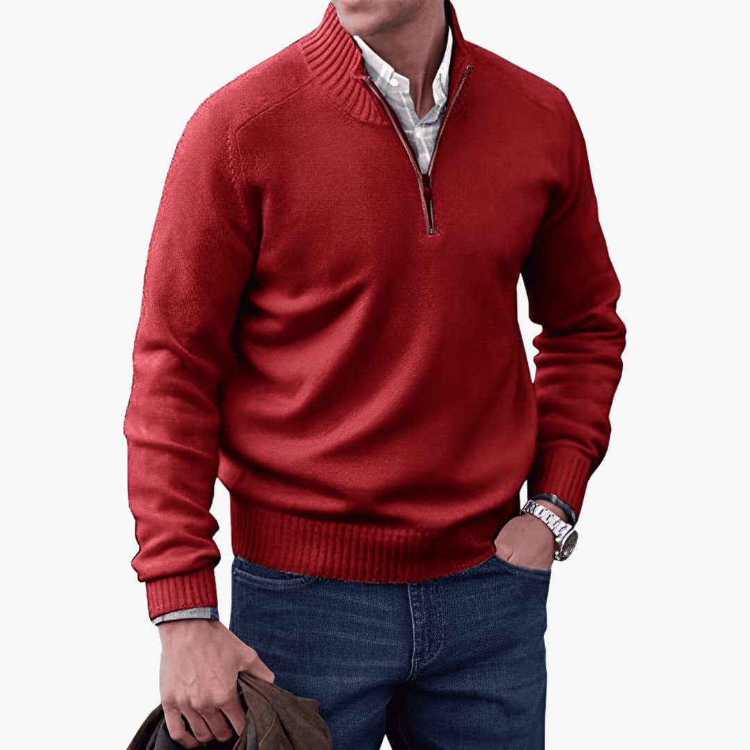 Herren pullover mit Reißverschluss-Ausschnitt und geripptem Saum