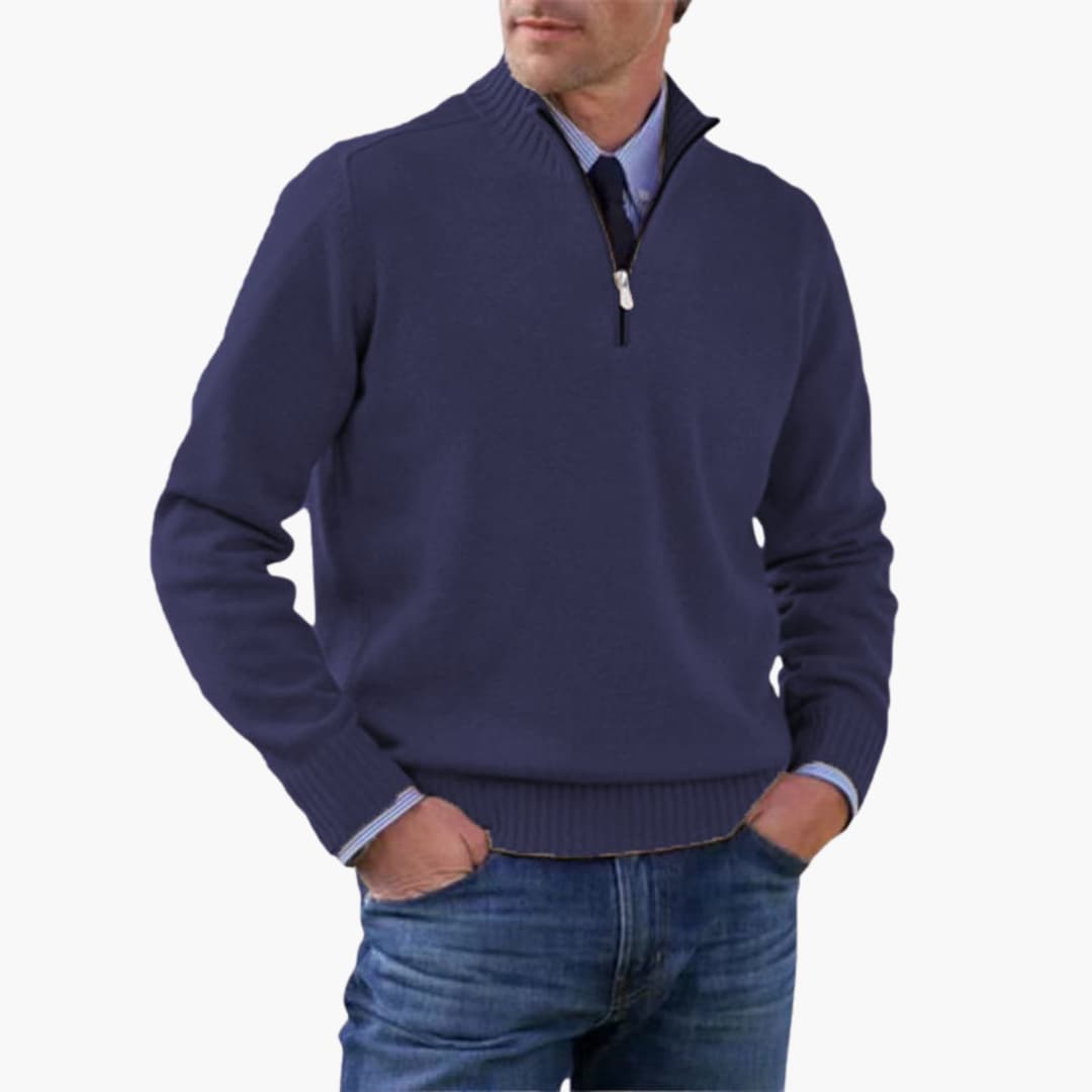 Herren pullover mit halbem Reißverschluss und geripptem Saum