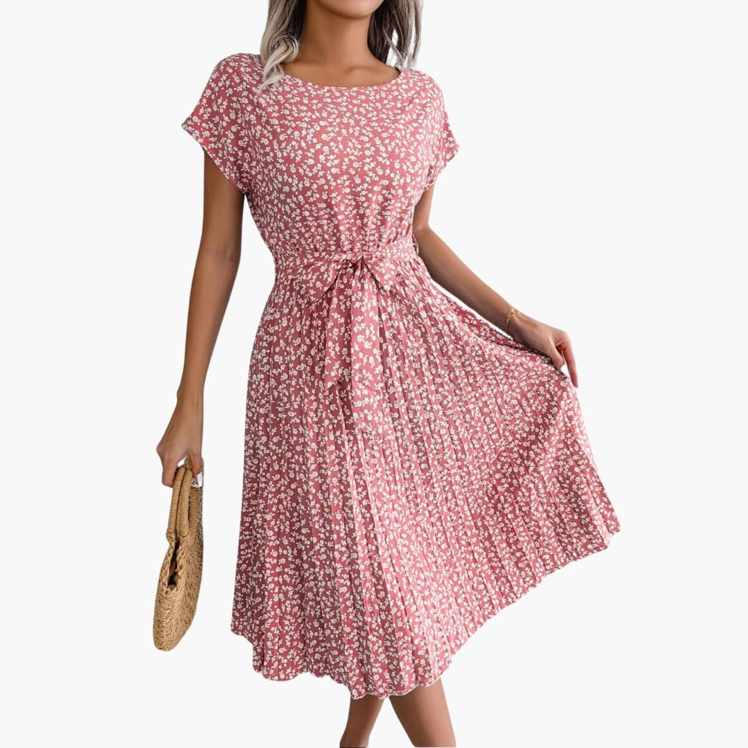 Sommerkleid Damen - Blumenkleid mit Gürtel und Kurzarm