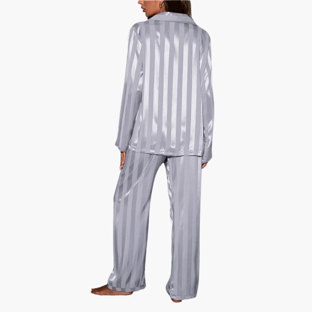 Damen Satin Pyjama Set mit Knopfoberteil und Streifendesign
