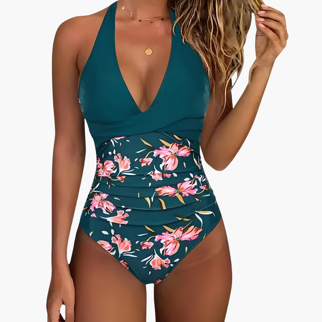 Einteiliger Damen-Badeanzug mit Neckholder und hochgeschnittenem Bein