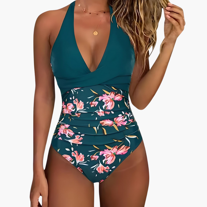 Einteiliger Damen-Badeanzug mit Neckholder und hochgeschnittenem Bein