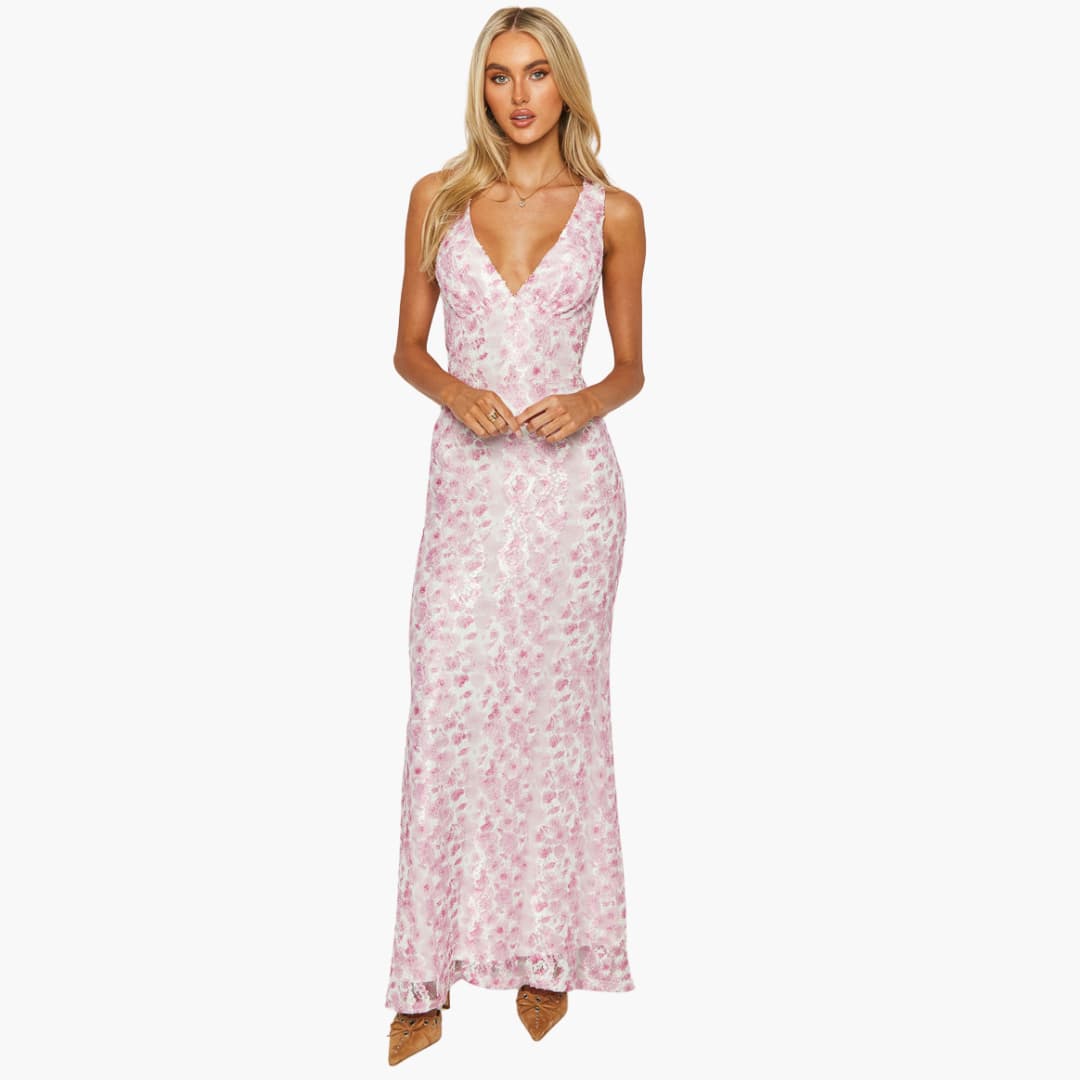 Spitzen-Maxikleid - Damen Stil mit V-Ausschnitt und Eleganz