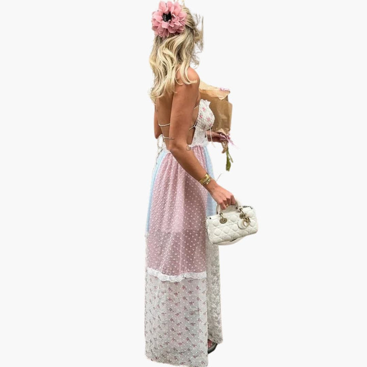 Patchwork Maxikleid - Damen Sommerkleid mit Spaghettiträgern