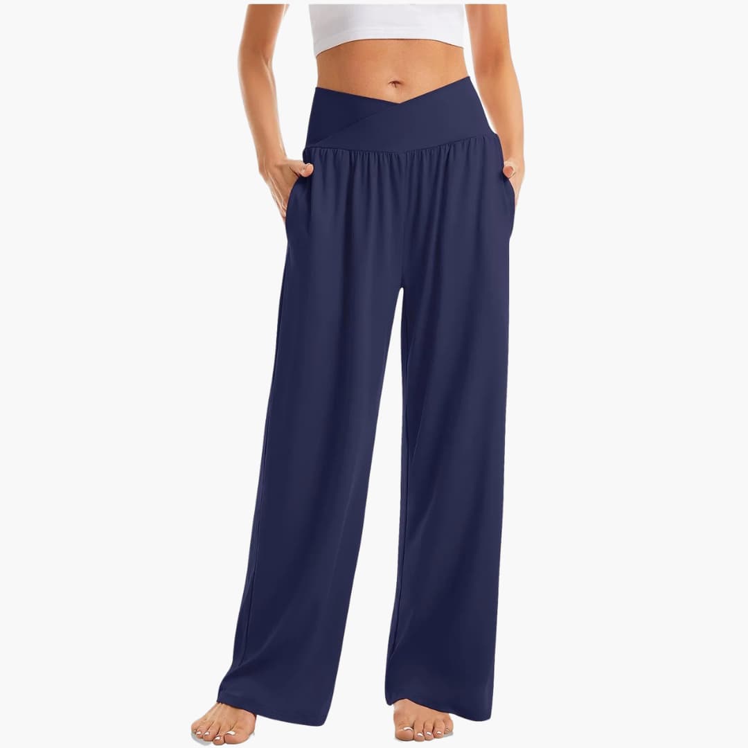 Damenhose mit weitem Bein, überkreuztem Bund und Seitentaschen