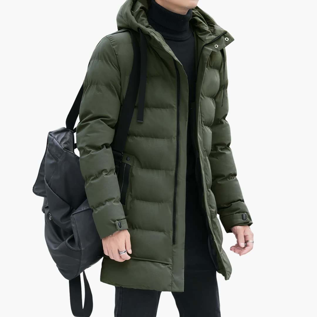 Herren Steppjacke Lang mit Kapuze und Reißverschluss