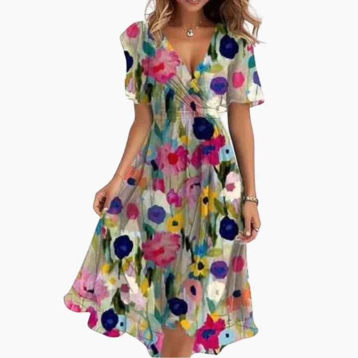 Midikleid für Damen - Elegant, Blumenmuster & V-Ausschnitt