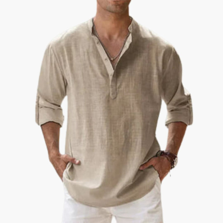 Lässiges Herren Leinenhemd – Langarm, Henley Stil
