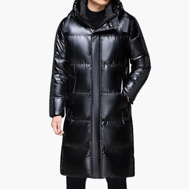 Lange Pufferjacke für Herren mit Kapuze und Reißverschluss
