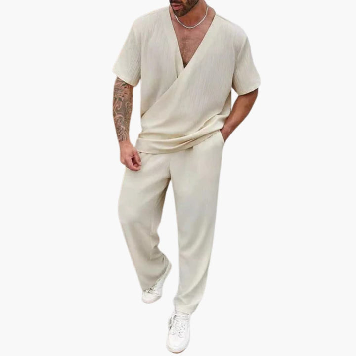 Herren Sommer Zweiteiler mit V-Ausschnitt und langen Hosen