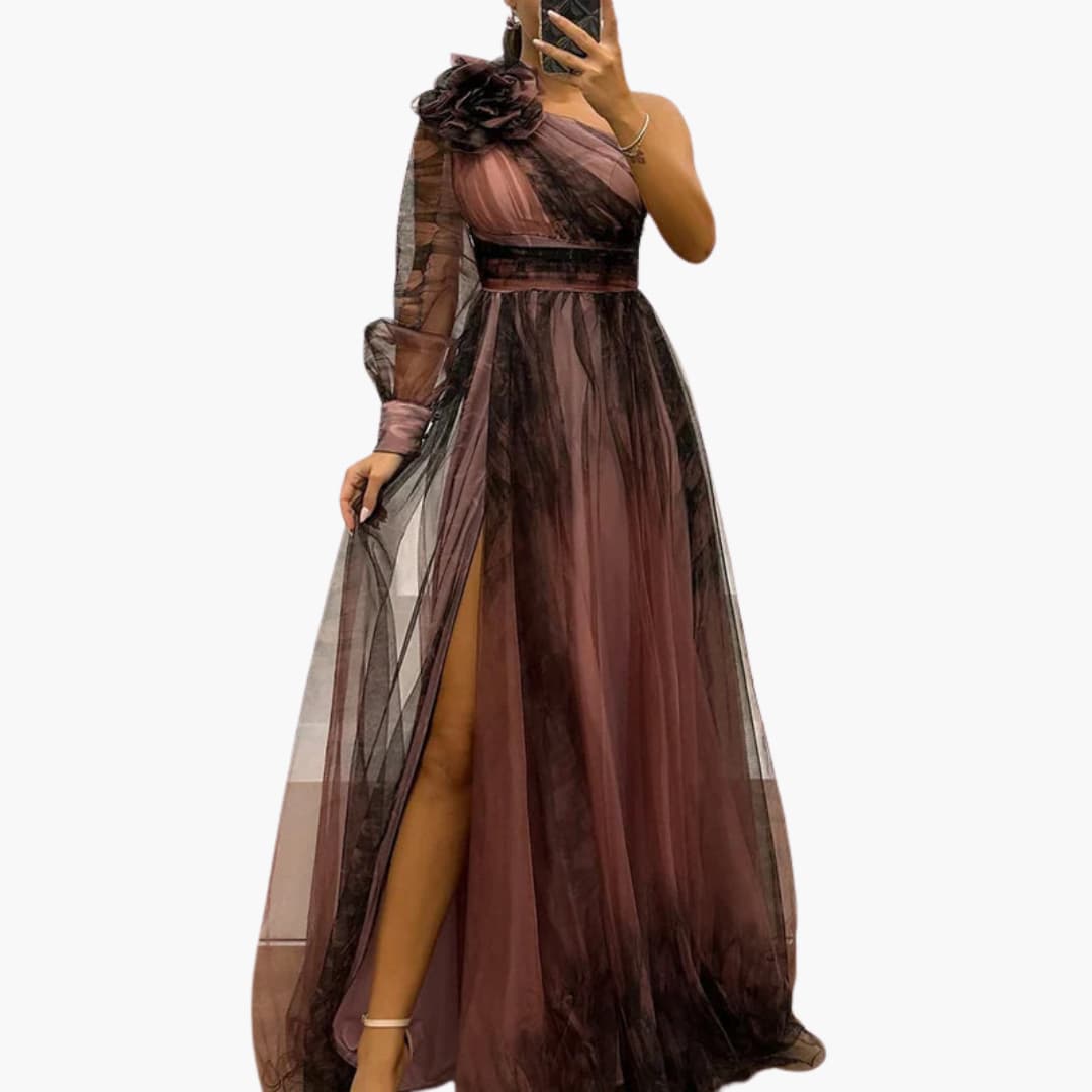 One-Shoulder Maxikleid mit Mesh-Print - Damen Abendmode