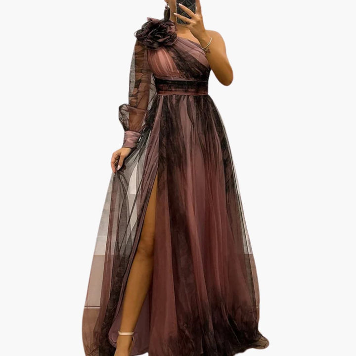 One-Shoulder Maxikleid mit Mesh-Print - Damen Abendmode