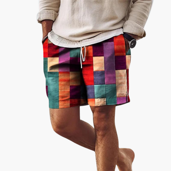 Herren Badeshorts mit elastischem Bund und mehrfarbigem Blockmuster