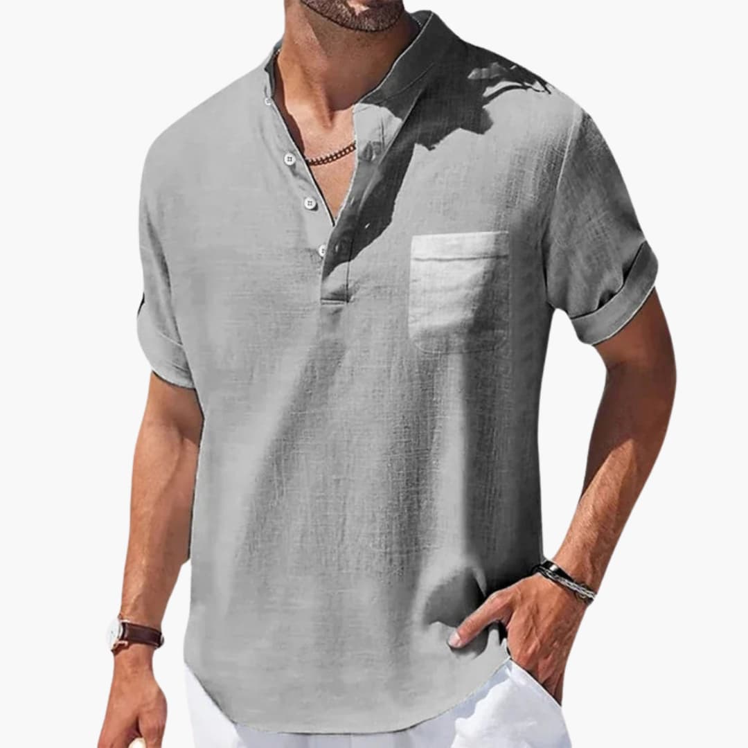 Herren Sommer T-Shirt mit Knopfleiste und Stehkragen