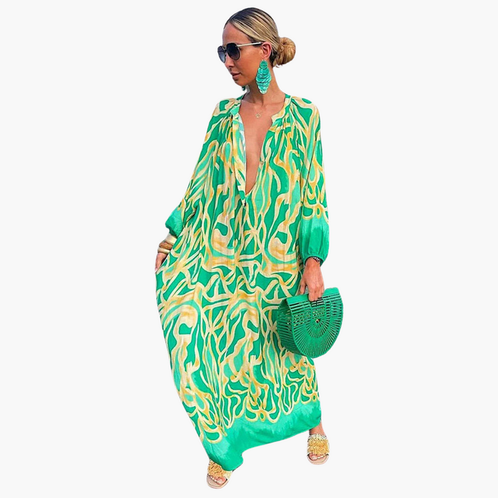 Boho Maxikleid für Frauen – Grünes Blumen Sommerkleid