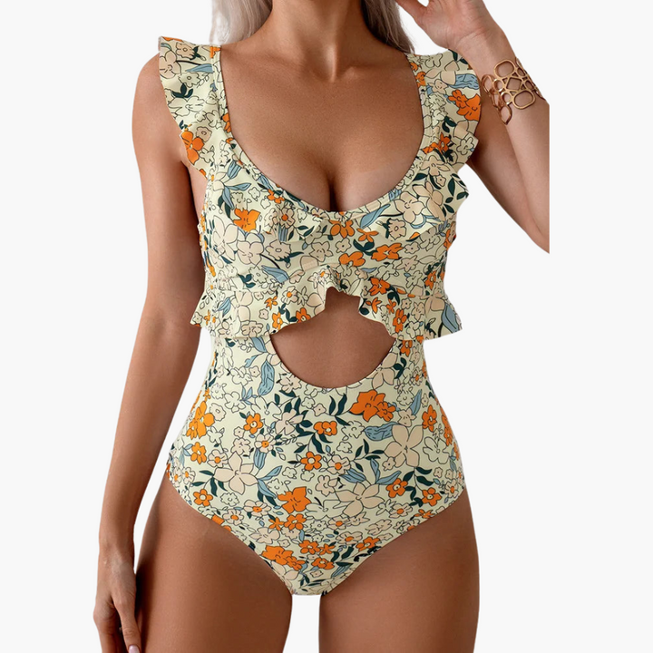 Badeanzug Damen - Floraler Einteiler mit Rüschen & Cut-Out