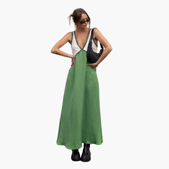 Leichtes V-Ausschnitt Maxi-Kleid für Frauen - Farbblock Design