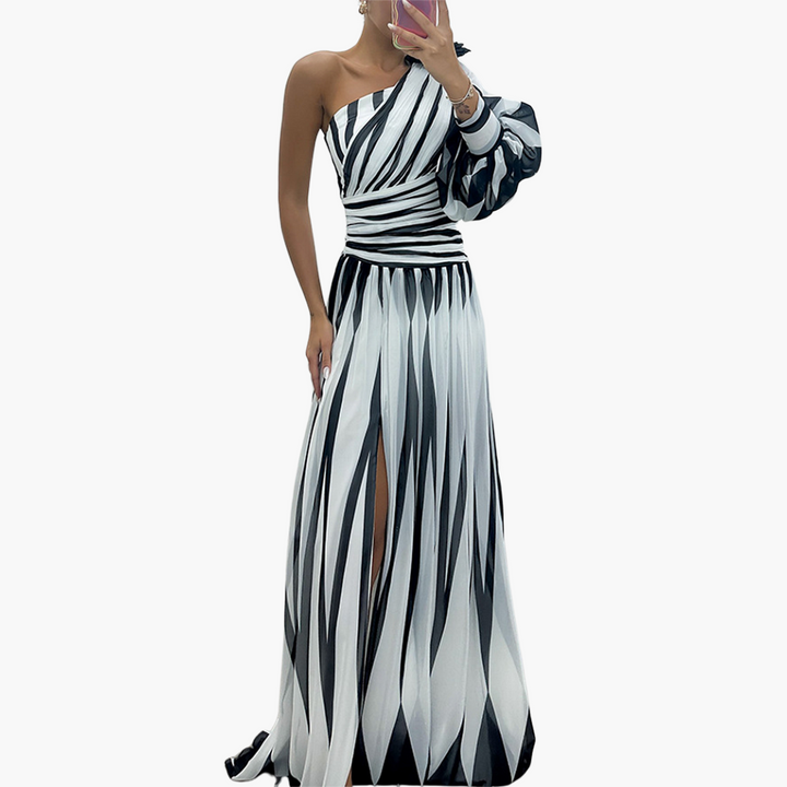 Gestreiftes One-Shoulder - Damen Maxikleid mit Schlitz elegant