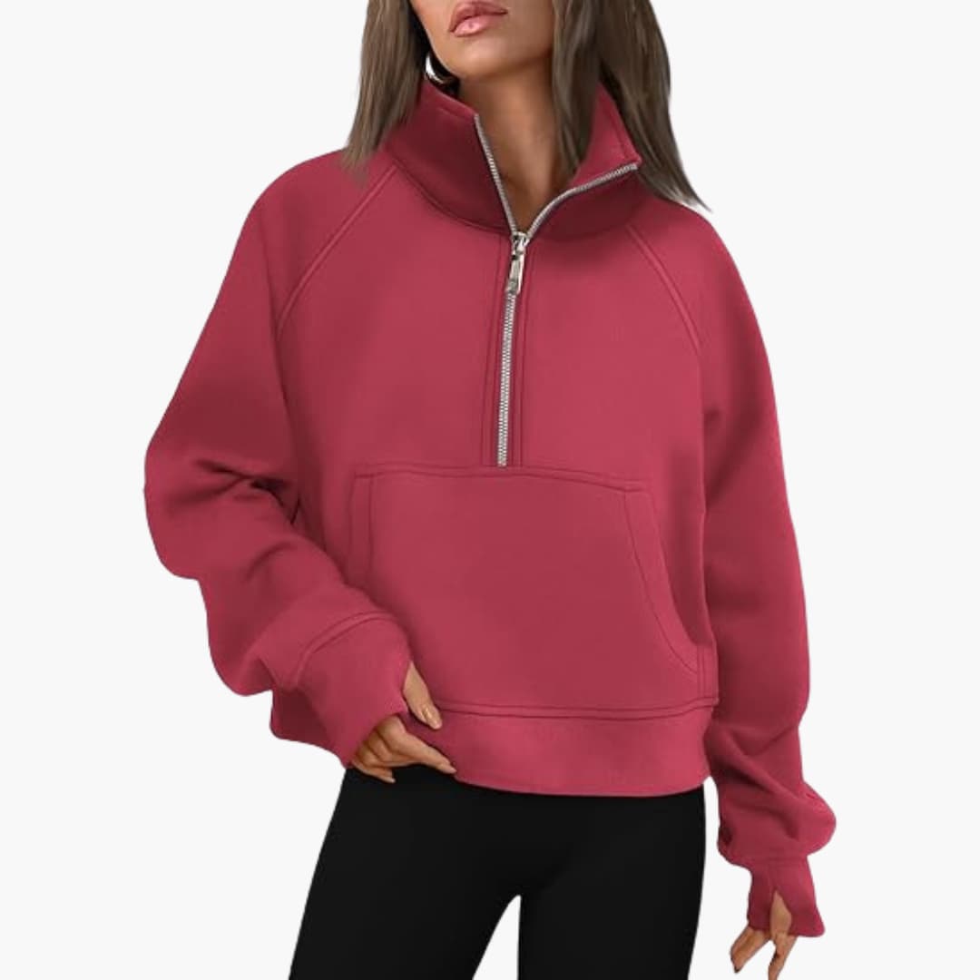 Damen Sweatshirt mit Reißverschluss am Ausschnitt und Kängurutasche
