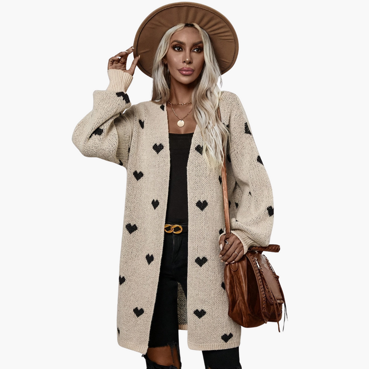 Damen Strickjacke mit offener Vorderseite und Herzmuster