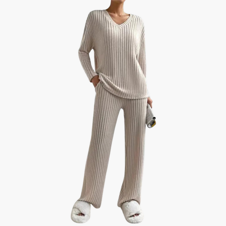 Damen Lounge Set mit V-Ausschnitt und gerippter Oberfläche