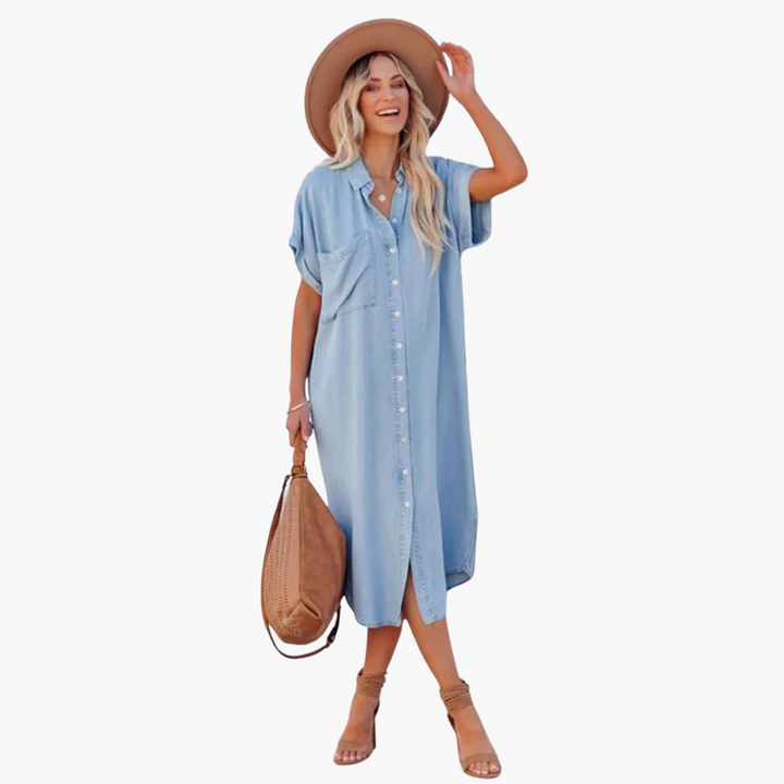 Denim Shirtkleid Damen – Lässig, Knopfleiste, Kurzarm
