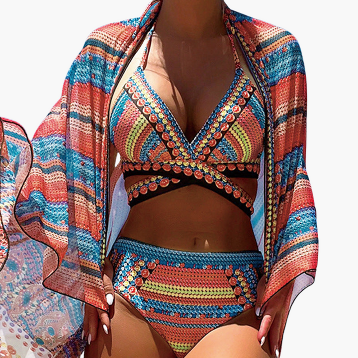 Dreiteiliges Bikini-Set - Damen High-Waist mit Kreuzträgern
