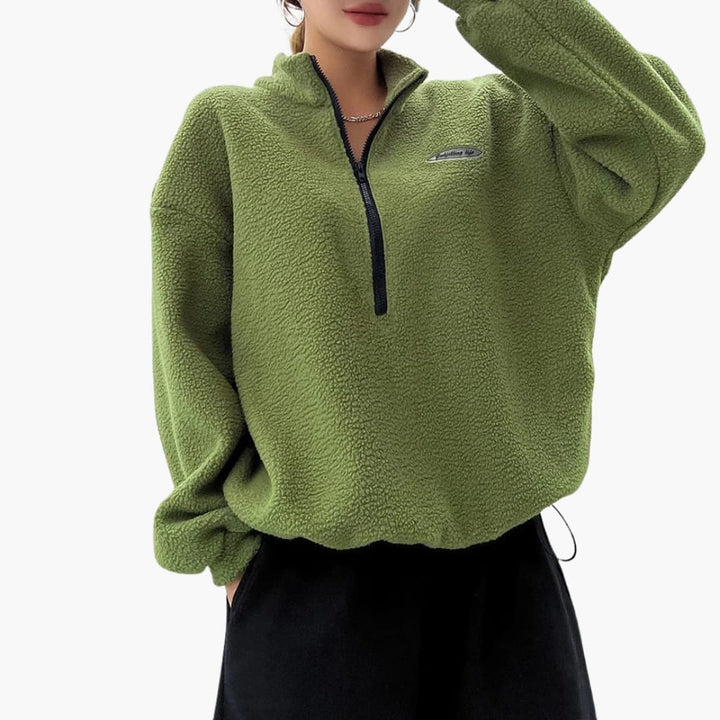 Damen Sweatshirt mit Halbreißverschluss und strukturierter Oberfläche