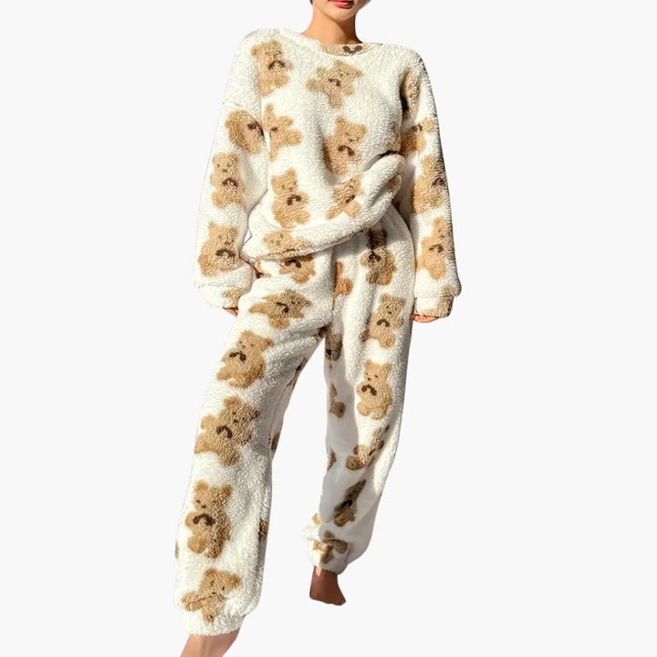 Damen Fleece Pyjamaset mit Bärendruck und elastischem Bund