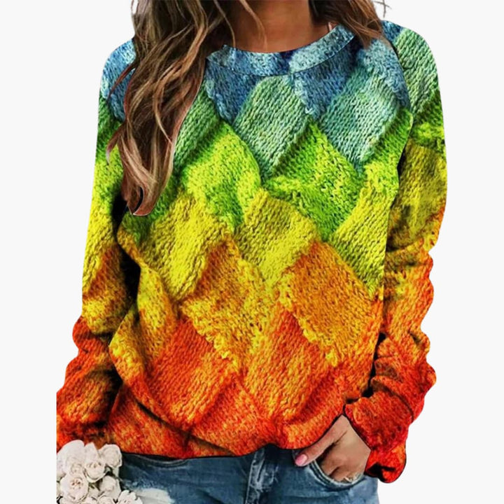 Damen pullover mit buntem Patchwork und Rundhalsausschnitt