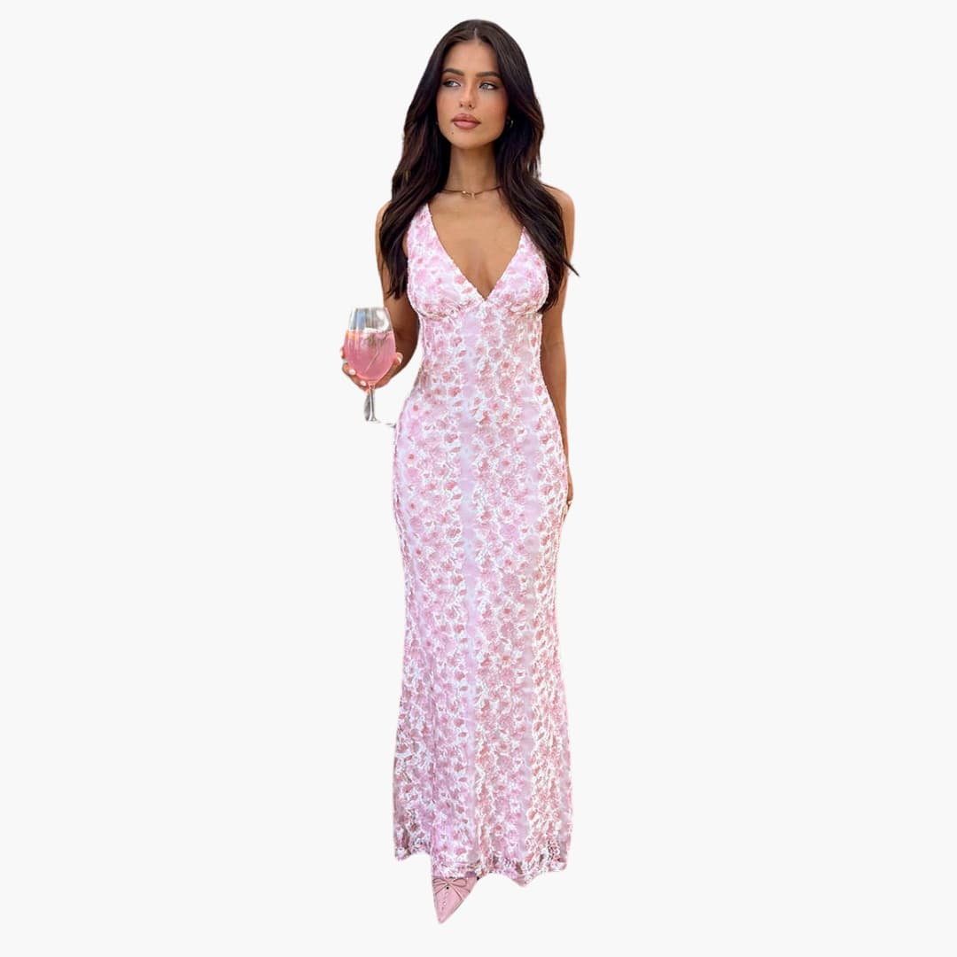 Spitzen-Maxikleid - Damen Stil mit V-Ausschnitt und Eleganz