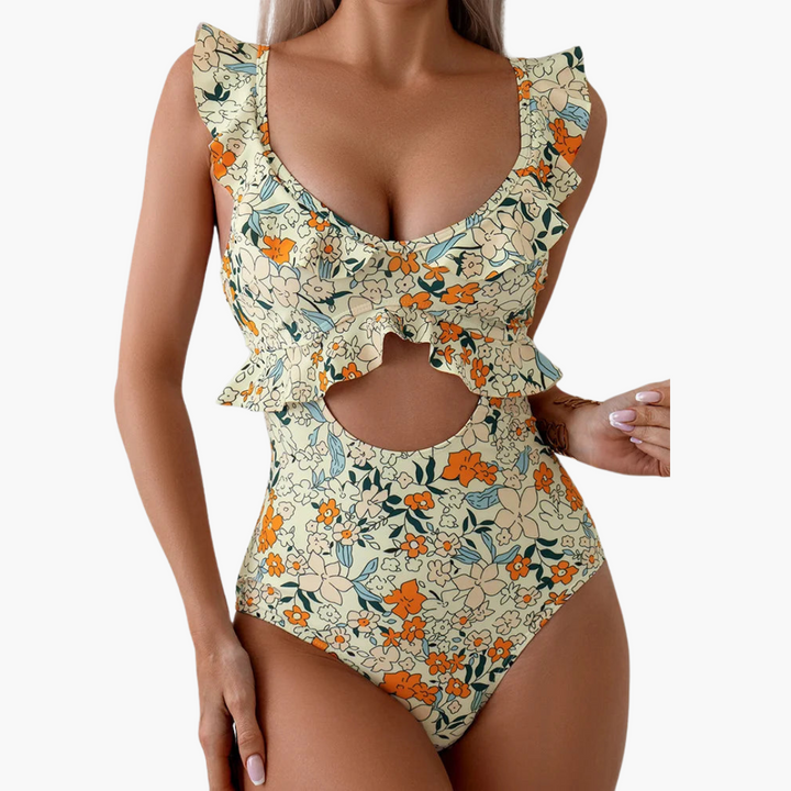 Badeanzug Damen - Floraler Einteiler mit Rüschen & Cut-Out