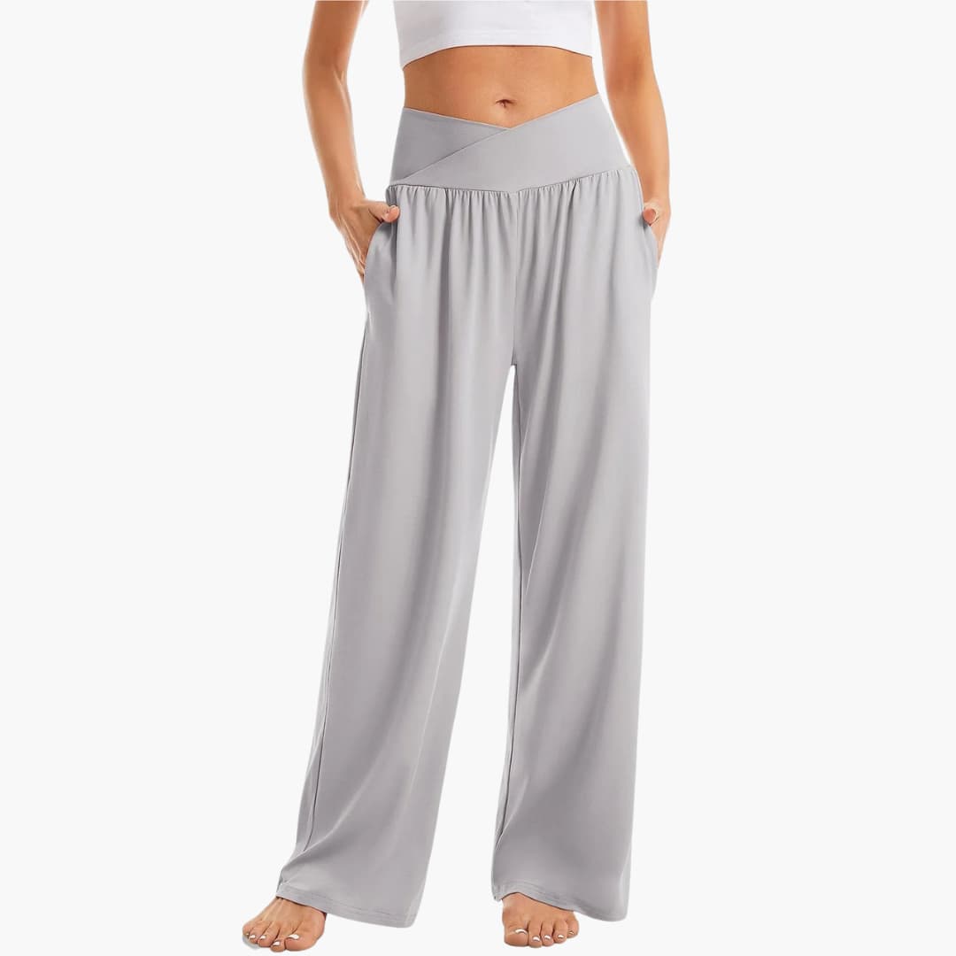 Damenhose mit weitem Bein, überkreuztem Bund und Seitentaschen