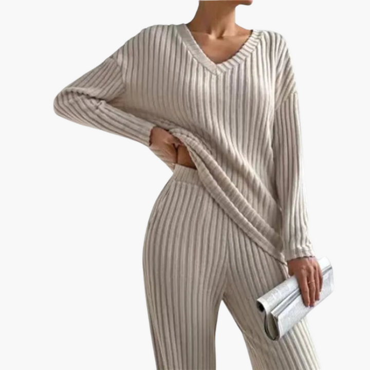 Damen Lounge Set mit V-Ausschnitt und gerippter Oberfläche
