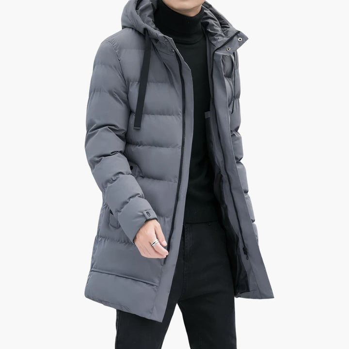 Herren Steppjacke Lang mit Kapuze und Reißverschluss