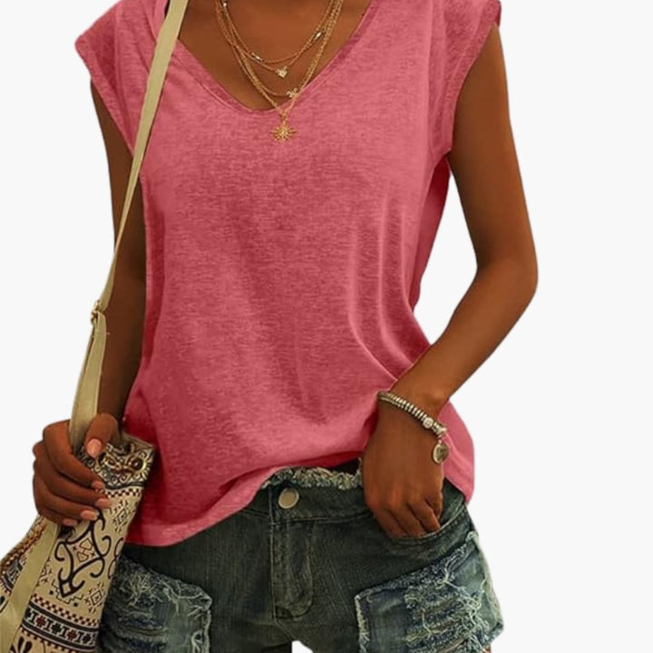 Damen V-Ausschnitt Top mit Cap-Ärmeln und Stretchmaterial