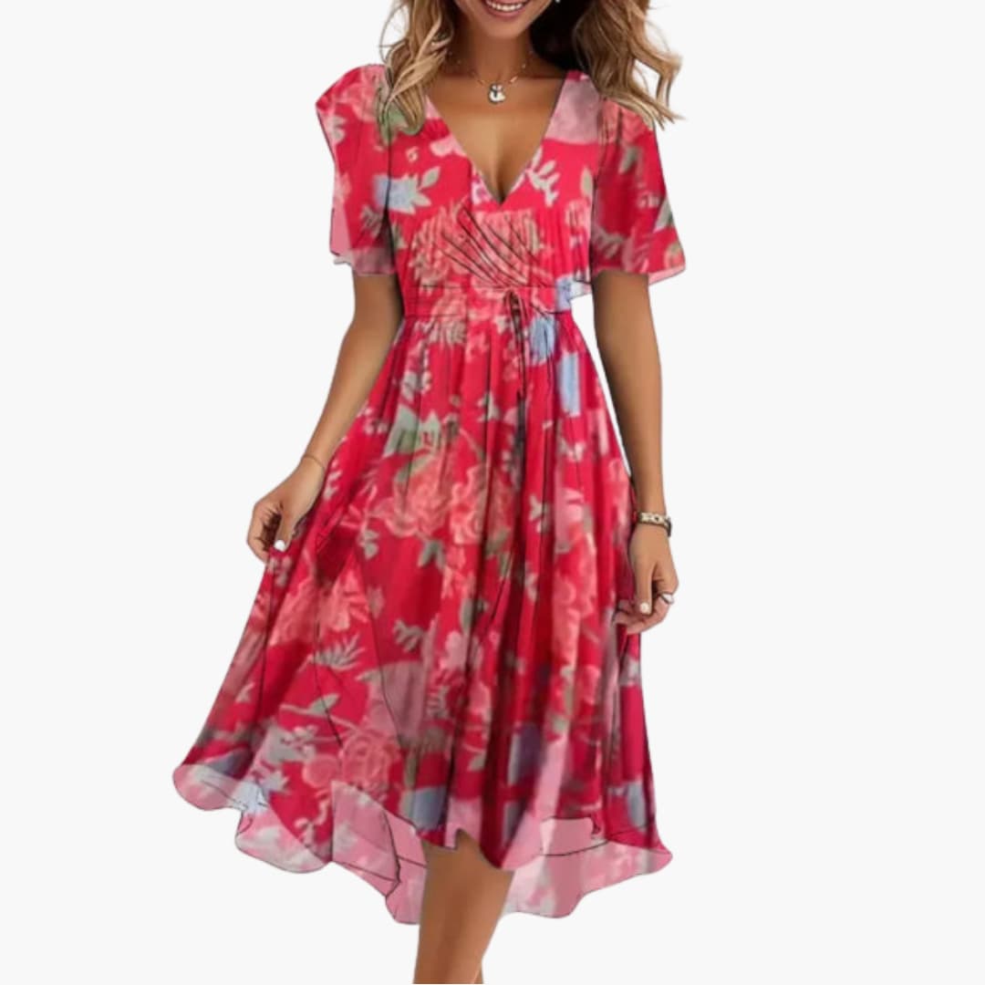 Midikleid für Damen - Elegant, Blumenmuster & V-Ausschnitt