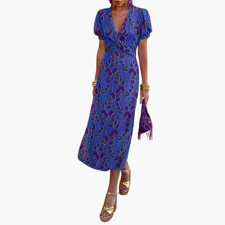 Blumiges V-Ausschnitt-Maxikleid für Damen - SchmiedeMode